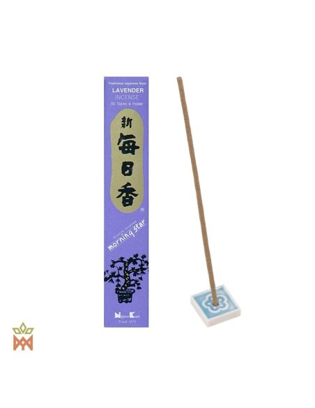 Morning Star Lavendel aus Japan – Kernlose Räucherstäbchen – Schachtel und ein Stäbchen im quadratischen Halter