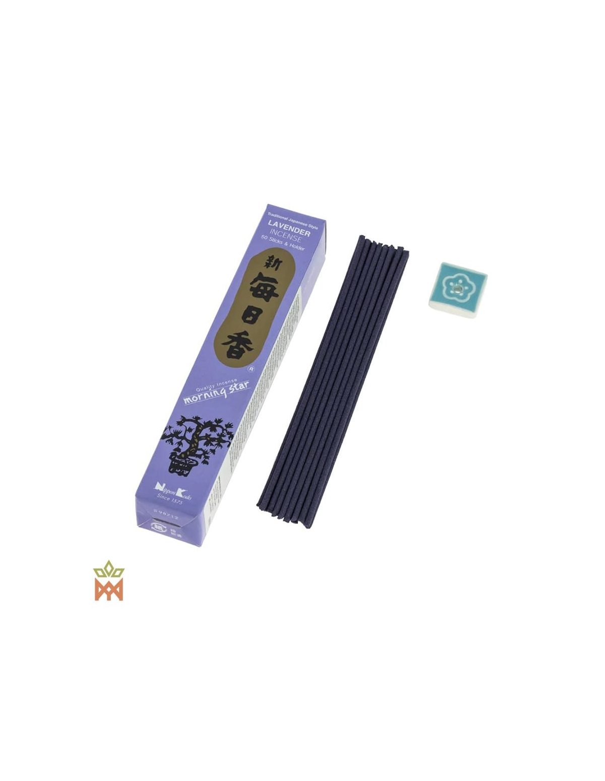 Morning Star Lavendel aus Japan – Kernlose Räucherstäbchen – Schachtel, Stäbchenbündel und Halter