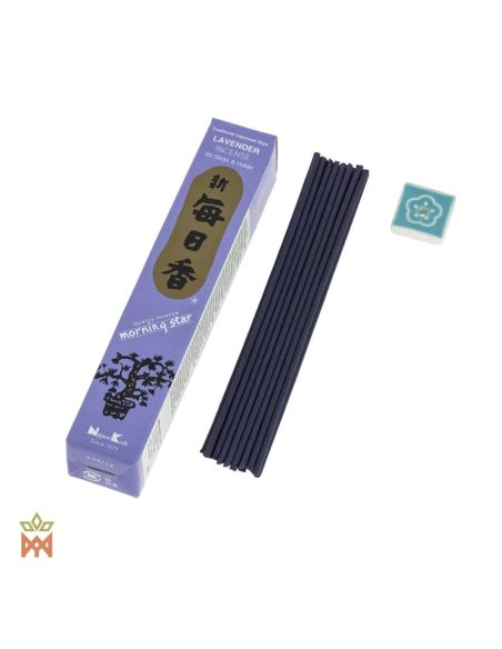 Morning Star Lavendel aus Japan – Kernlose Räucherstäbchen – Schachtel, Stäbchenbündel und Halter