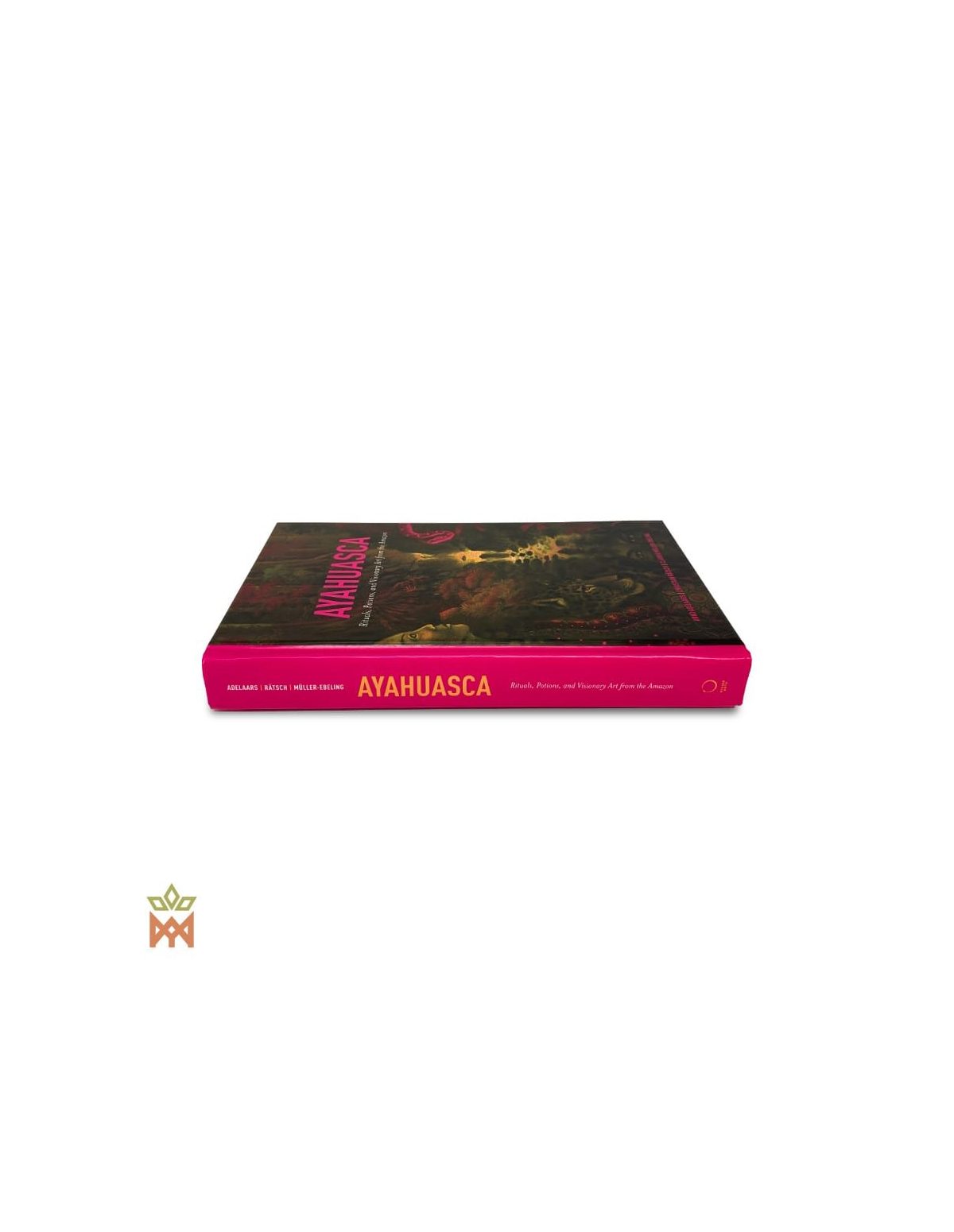 Ayahuasca in amazonischer Kultur und Kunst – Hardcover, 310 Seiten – geschlossenes Buch von der Seite, pinkfarbener Rücken