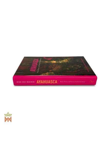 Ayahuasca in amazonischer Kultur und Kunst – Hardcover, 310 Seiten – geschlossenes Buch von der Seite, pinkfarbener Rücken