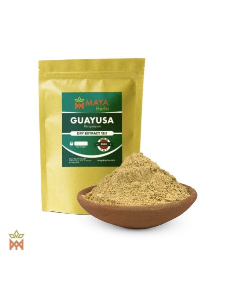 Guayusa-Trockenextrakt 12:1 (Ilex guayusa) – Beutel von Maya Herbs, Made in Peru, und Pulver in einer Tonschale