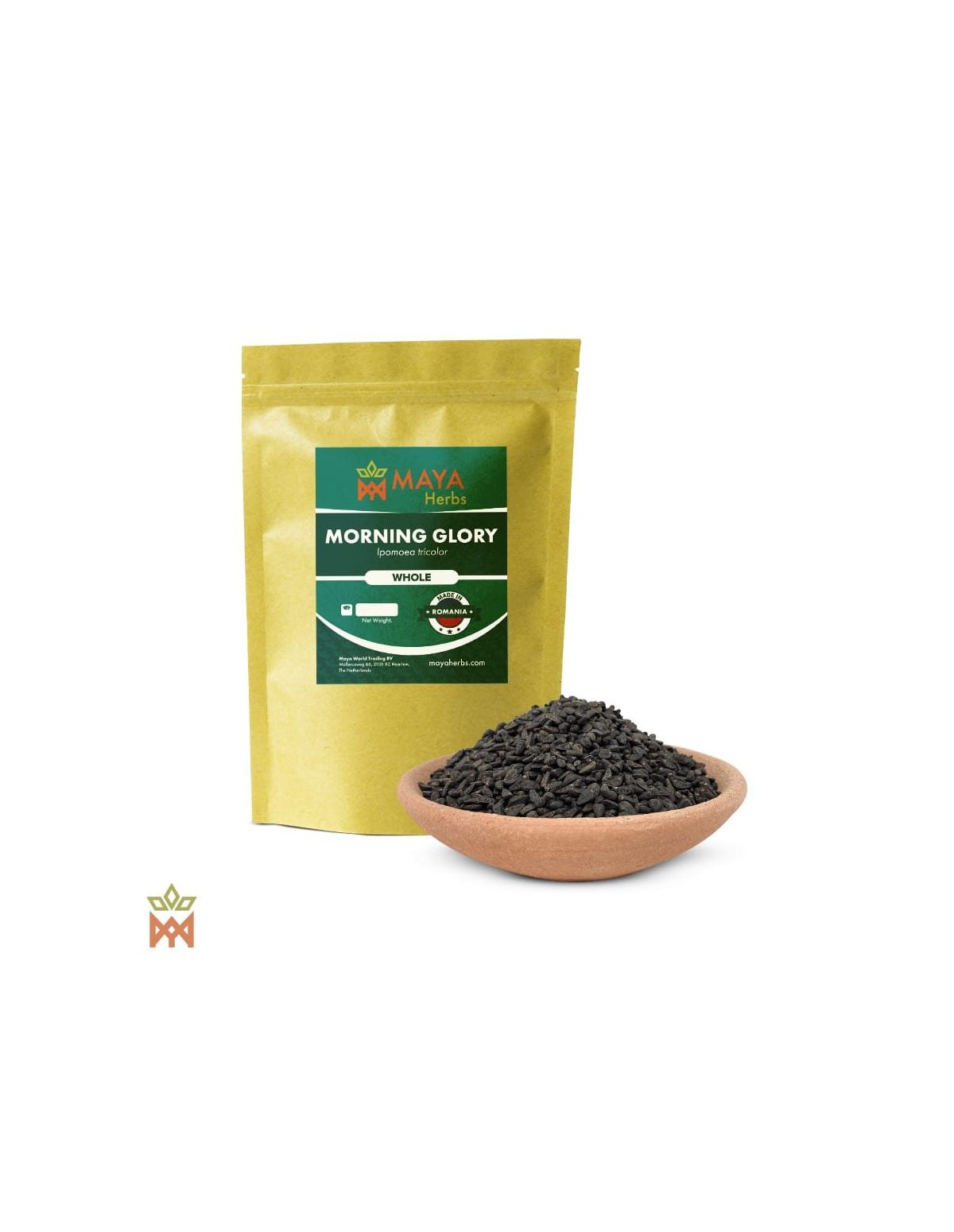 Rumänische Prunkwinde (Ipomoea tricolor) – Maya-Herbs-Beutel mit der Angabe Whole und schwarze Samen in einer Tonschale