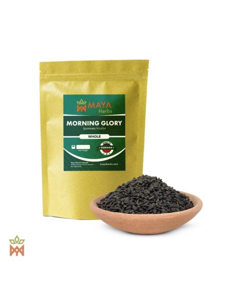 Rumänische Prunkwinde (Ipomoea tricolor) – Maya-Herbs-Beutel mit der Angabe Whole und schwarze Samen in einer Tonschale