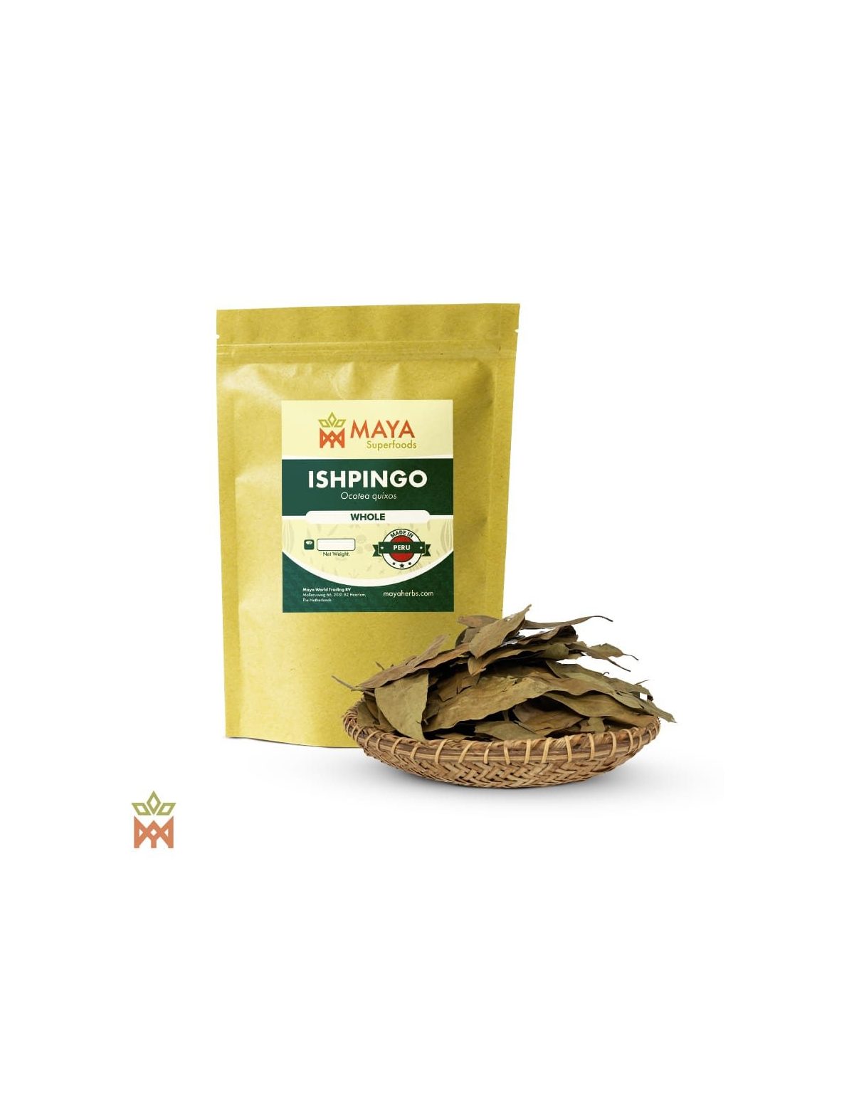 Ishpingo aus Peru (Ocotea quixos) – Maya-Superfoods-Beutel mit Angabe Whole und getrocknete Blätter in einem geflochtenen Korb