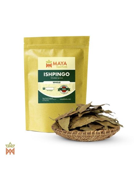 Ishpingo aus Peru (Ocotea quixos) – Maya-Superfoods-Beutel mit Angabe Whole und getrocknete Blätter in einem geflochtenen Korb