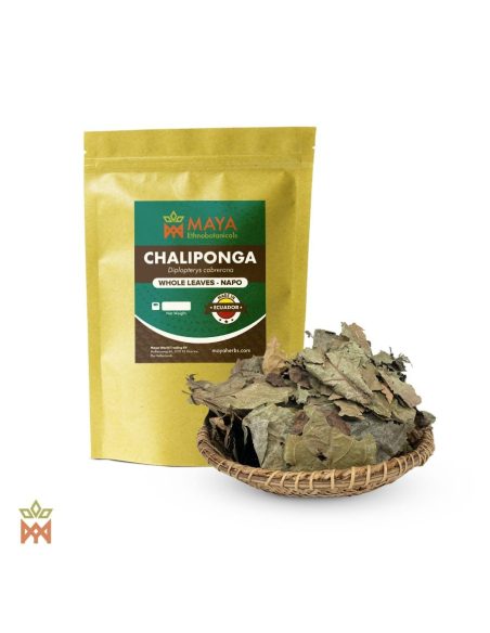 Chaliponga aus Napo, Ecuador – Ganze Blätter, Diplopterys cabrerana – etikettierter Beutel und Korb mit Blättern