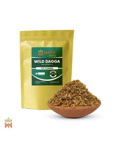 Wild Dagga aus Südafrika – Beutel von Maya Herbs „Cut Flowers“ und fein geschnittene Blüten in einer Tonschale