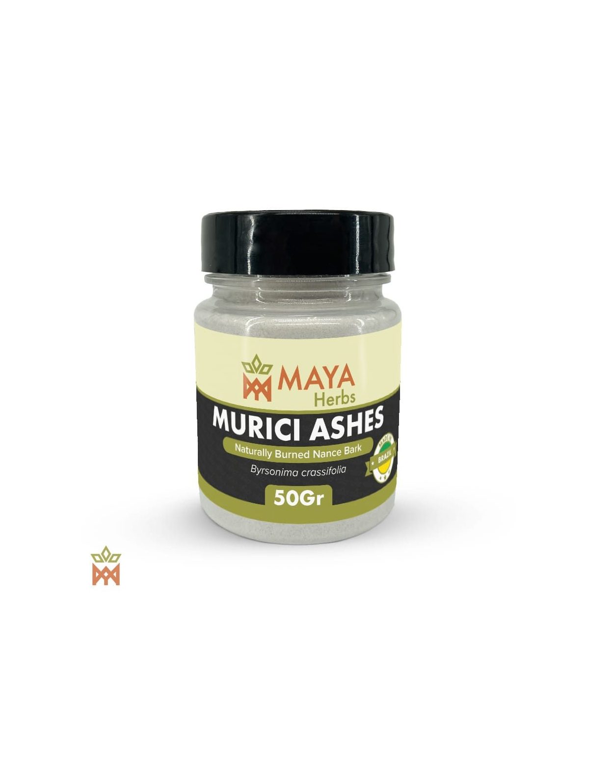 Murici-Rindenasche aus Brasilien – Pulver, Byrsonima crassifolia – etikettierte Dose, Vorderansicht