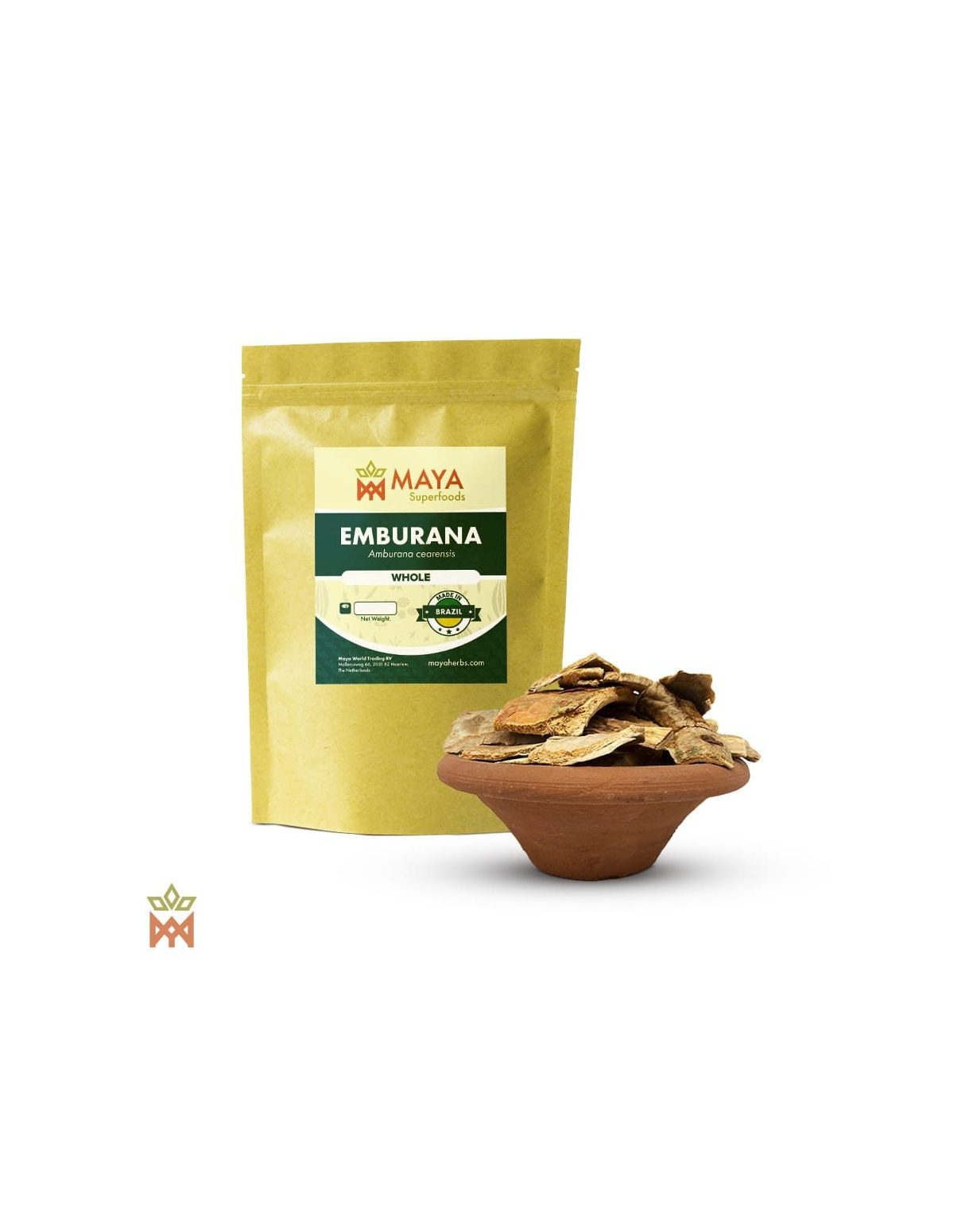 Emburana aus Brasilien (Amburana cearensis) – Maya-Superfoods-Beutel mit der Angabe Whole und Rindenstücke in einer Tonschale