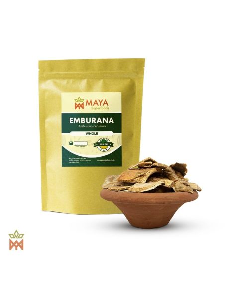 Emburana aus Brasilien (Amburana cearensis) – Maya-Superfoods-Beutel mit der Angabe Whole und Rindenstücke in einer Tonschale