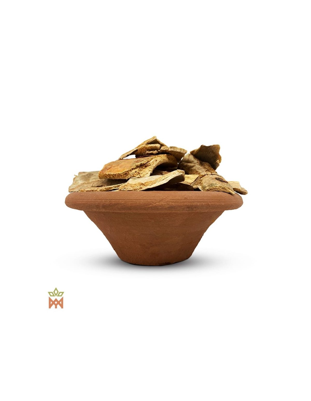 Emburana aus Brasilien (Amburana cearensis) – flache Rindenstücke, außen graubeige, innen orangebraun, in einer Tonschale