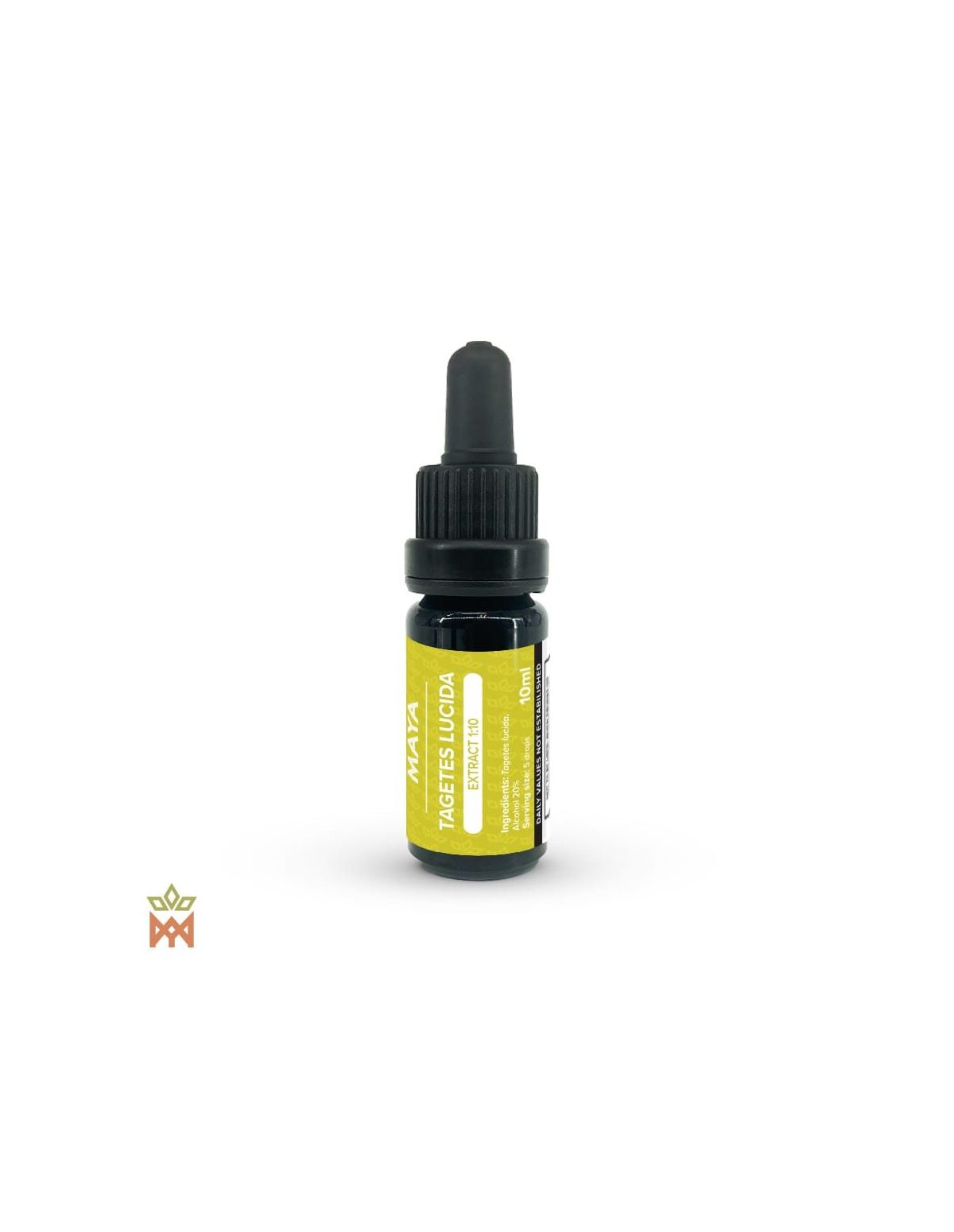 Mexikanische Tagetes-lucida-Tinktur – 10-ml-Pipettenflasche aus dunklem Glas mit gelbem Maya-Etikett „Extract 1:10“