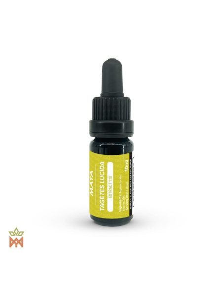 Mexikanische Tagetes-lucida-Tinktur – 10-ml-Pipettenflasche aus dunklem Glas mit gelbem Maya-Etikett „Extract 1:10“