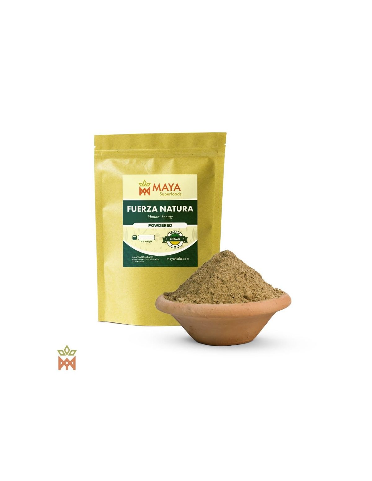 Fuerza Natura – Beutel von Maya Superfoods und Pulvermischung in einer Tonschale