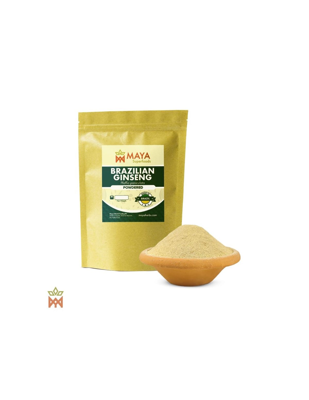 Suma aus Brasilien – Beutel von Maya Superfoods „Brazilian Ginseng“ und Wurzelpulver in einer Tonschale
