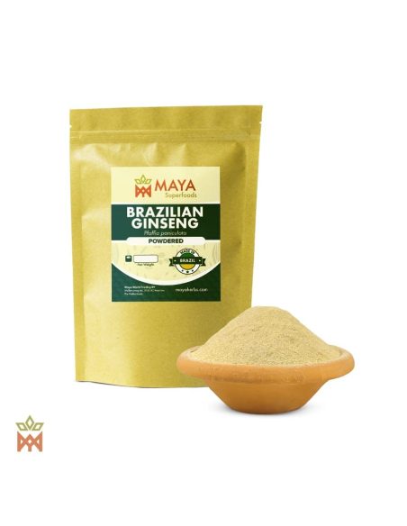 Suma aus Brasilien – Beutel von Maya Superfoods „Brazilian Ginseng“ und Wurzelpulver in einer Tonschale