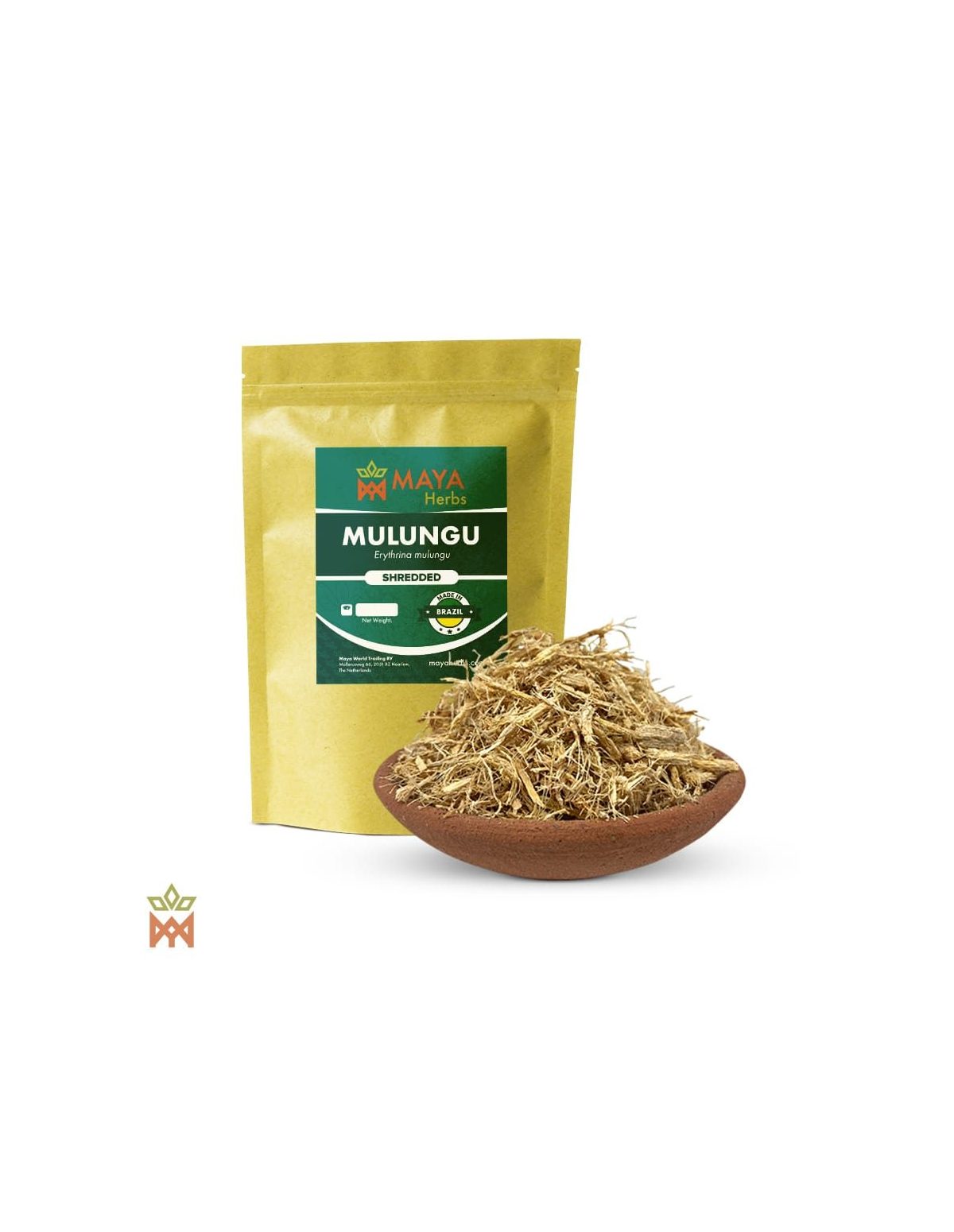 Geschredderte Mulungu-Rinde (Erythrina mulungu) – Beutel von Maya Herbs und Rinde in einer Tonschale