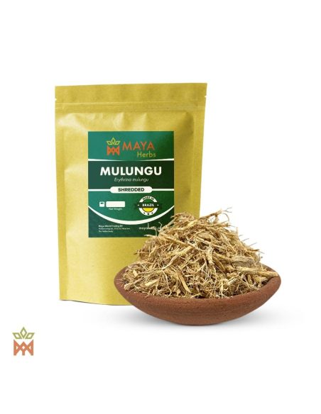 Geschredderte Mulungu-Rinde (Erythrina mulungu) – Beutel von Maya Herbs und Rinde in einer Tonschale