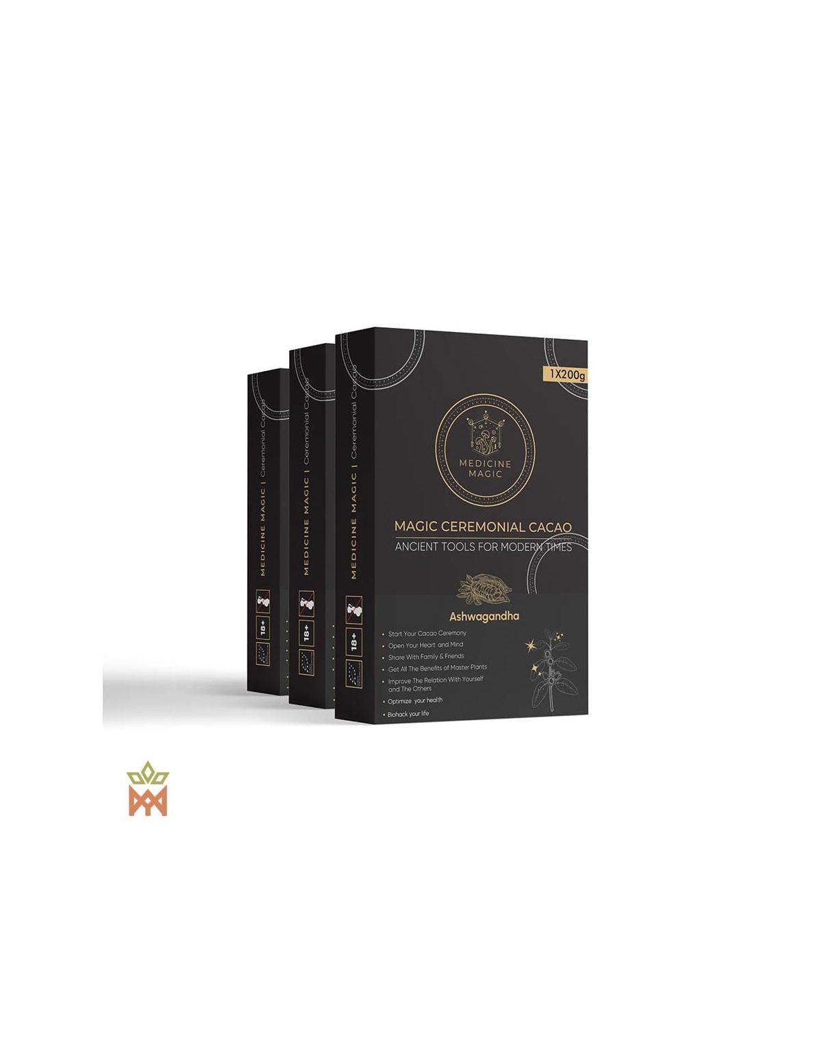 Zeremonieller Kakao aus Kolumbien mit Ashwagandha – Medicine Magic – drei Schachteln, Vorderansicht
