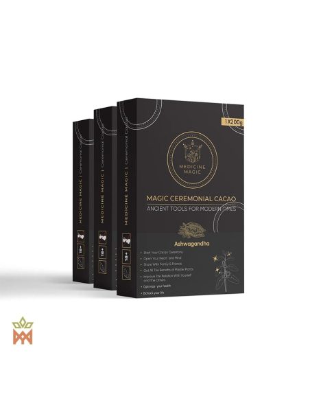 Zeremonieller Kakao aus Kolumbien mit Ashwagandha – Medicine Magic – drei Schachteln, Vorderansicht
