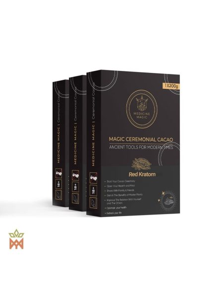 Zeremonieller Kakao aus Kolumbien mit Rotem Kratom – Medicine Magic – drei Schachteln, Vorderansicht
