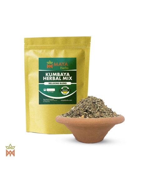 Kumbaya-Kräutermischung – Beutel von Maya Herbs und geschnittene Kräuter in einer Tonschale