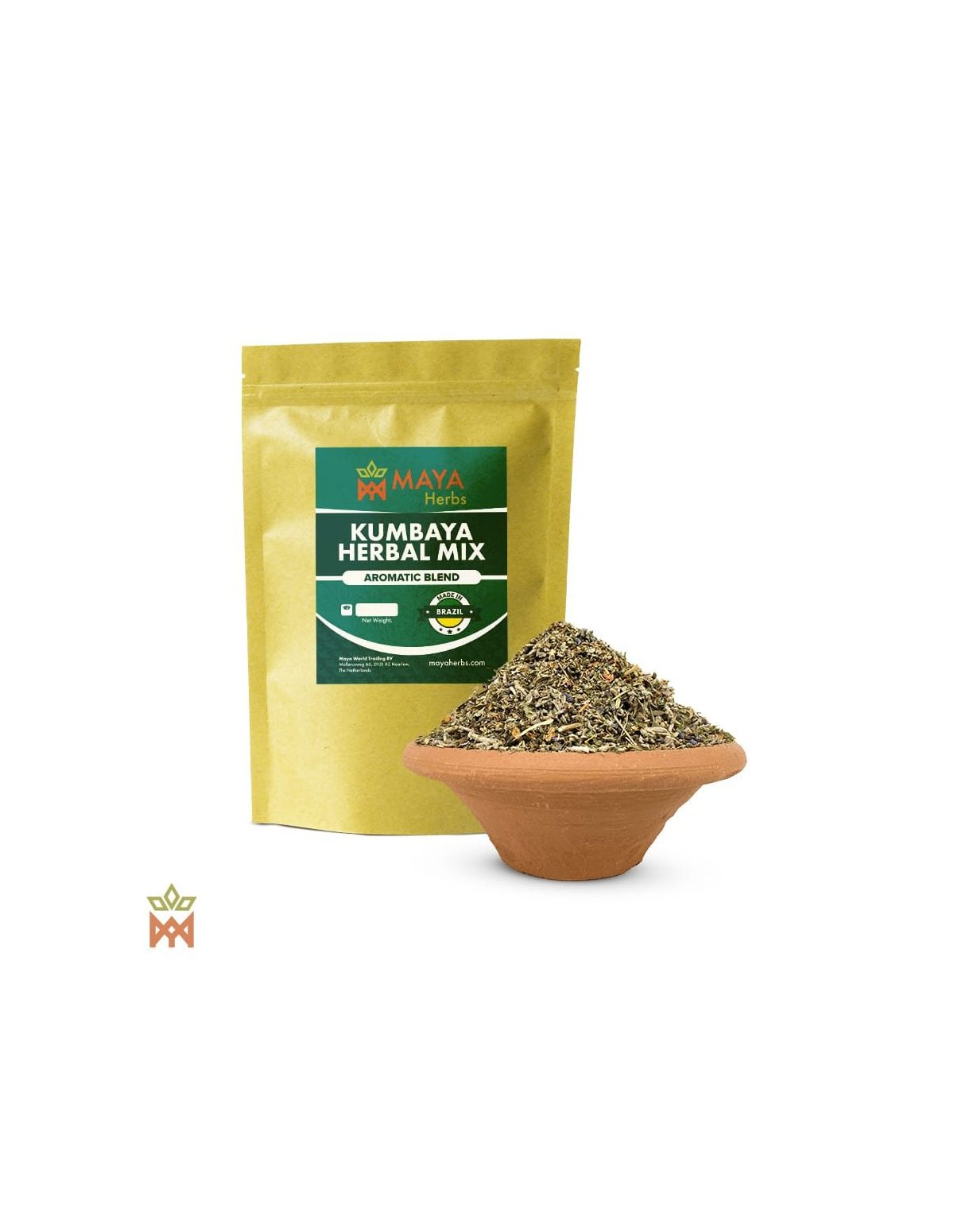 Aromatische Kumbaya-Mischung – Beutel von Maya Herbs und Kräutermischung in einer Tonschale
