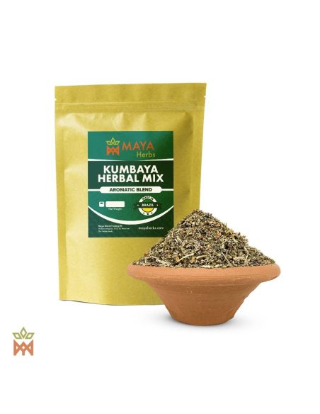 Aromatische Kumbaya-Mischung – Beutel von Maya Herbs und Kräutermischung in einer Tonschale
