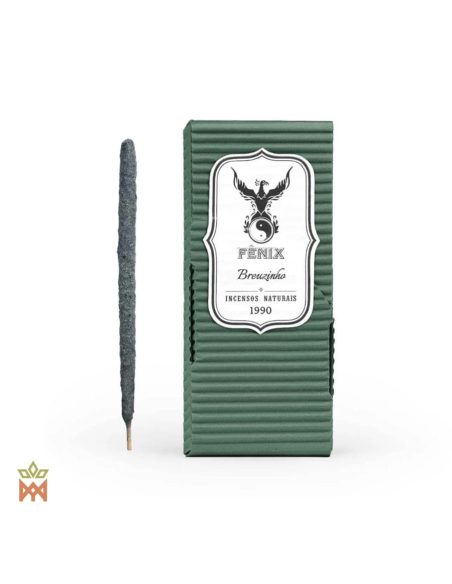 Fenix Breuzinho, grauer Copal – 20 Räucherstäbchen aus Brasilien – grüne Schachtel mit Etikett und ein Stäbchen