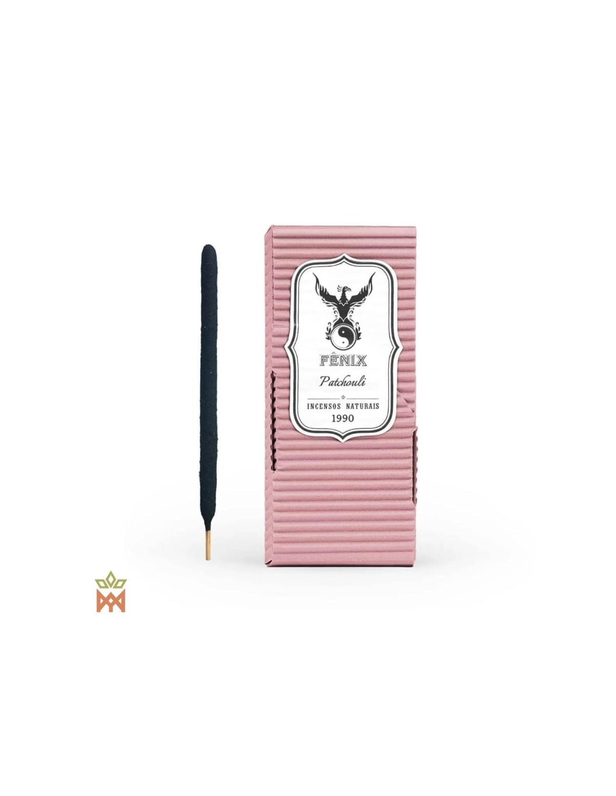 Fenix Räucherstäbchen Patchouli aus Brasilien – rosa Wellpappschachtel mit Phönix-Etikett und ein Stäbchen