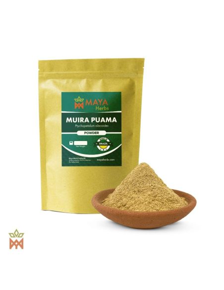 Muira-Puama-Blattpulver aus Brasilien (Ptychopetalum olacoides) – Beutel von Maya Herbs und Pulver in einer Tonschale