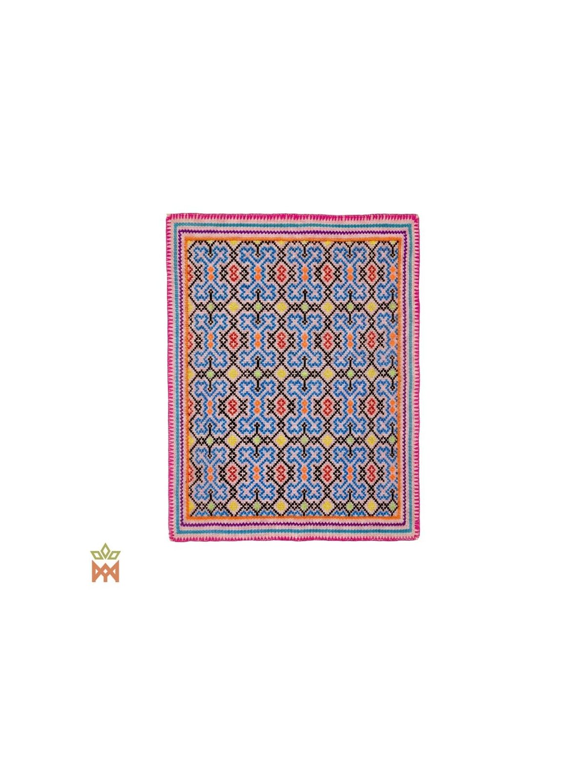 Shipibo-Dekotextil – Zehn Designs zur Auswahl – hellblau-pfirsichfarbenes Gitter mit rosa Rand