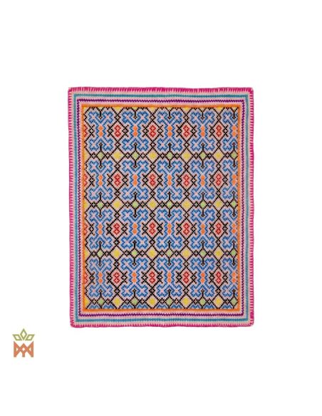 Shipibo-Dekotextil – Zehn Designs zur Auswahl – hellblau-pfirsichfarbenes Gitter mit rosa Rand