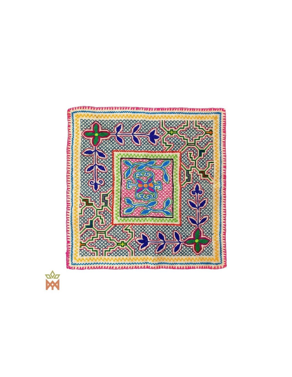 Shipibo-Dekotextil – Zehn Designs zur Auswahl – cremefarbenes Stück mit rosa Mitte und blauen Blättern