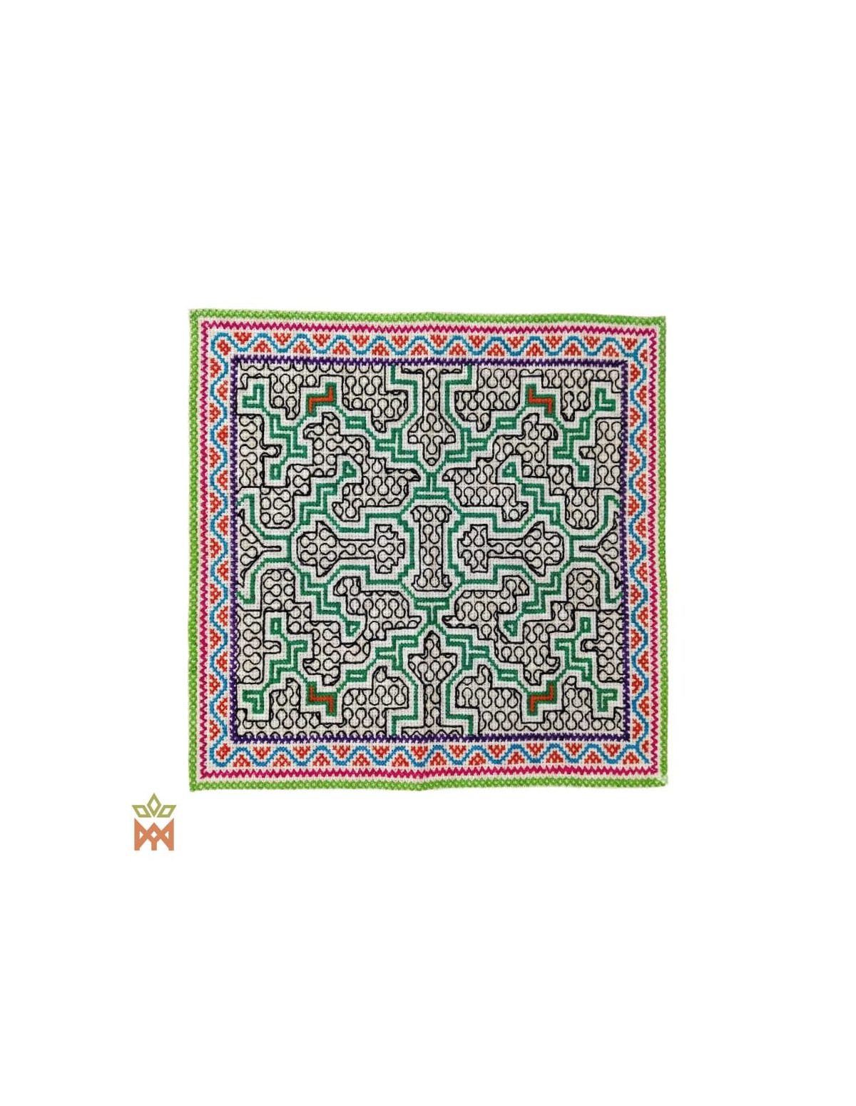 Shipibo-Dekotextil – Zehn Designs zur Auswahl – grün-schwarzes Labyrinth auf Weiß mit rotem Rand
