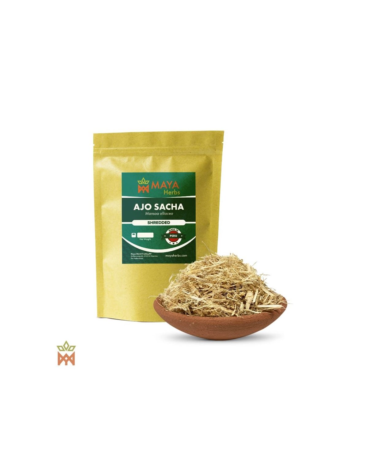 Ajo Sacha aus Peru (Mansoa alliacea) – Maya-Herbs-Beutel mit Aufdruck Shredded und helle Holzfasern in einer Tonschale