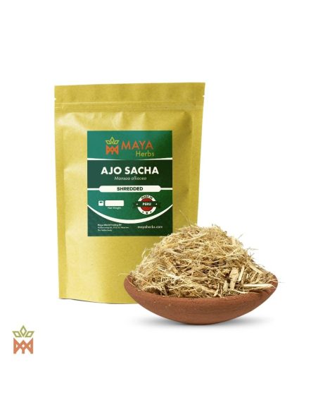 Ajo Sacha aus Peru (Mansoa alliacea) – Maya-Herbs-Beutel mit Aufdruck Shredded und helle Holzfasern in einer Tonschale