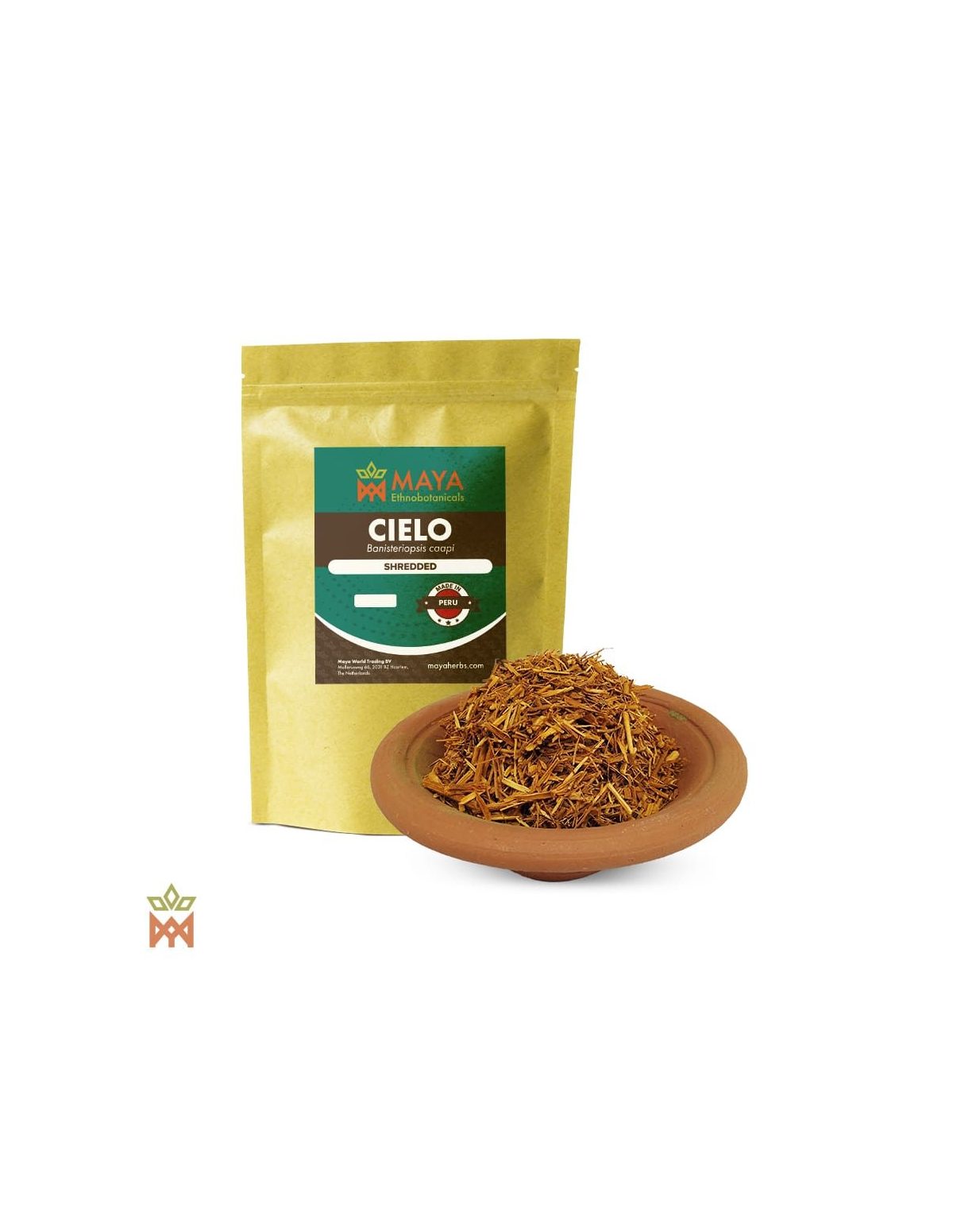 Cielo Caapi aus Peru – Geschredderte Liane, Banisteriopsis caapi – etikettierter Beutel und Schale mit geschredderter Liane