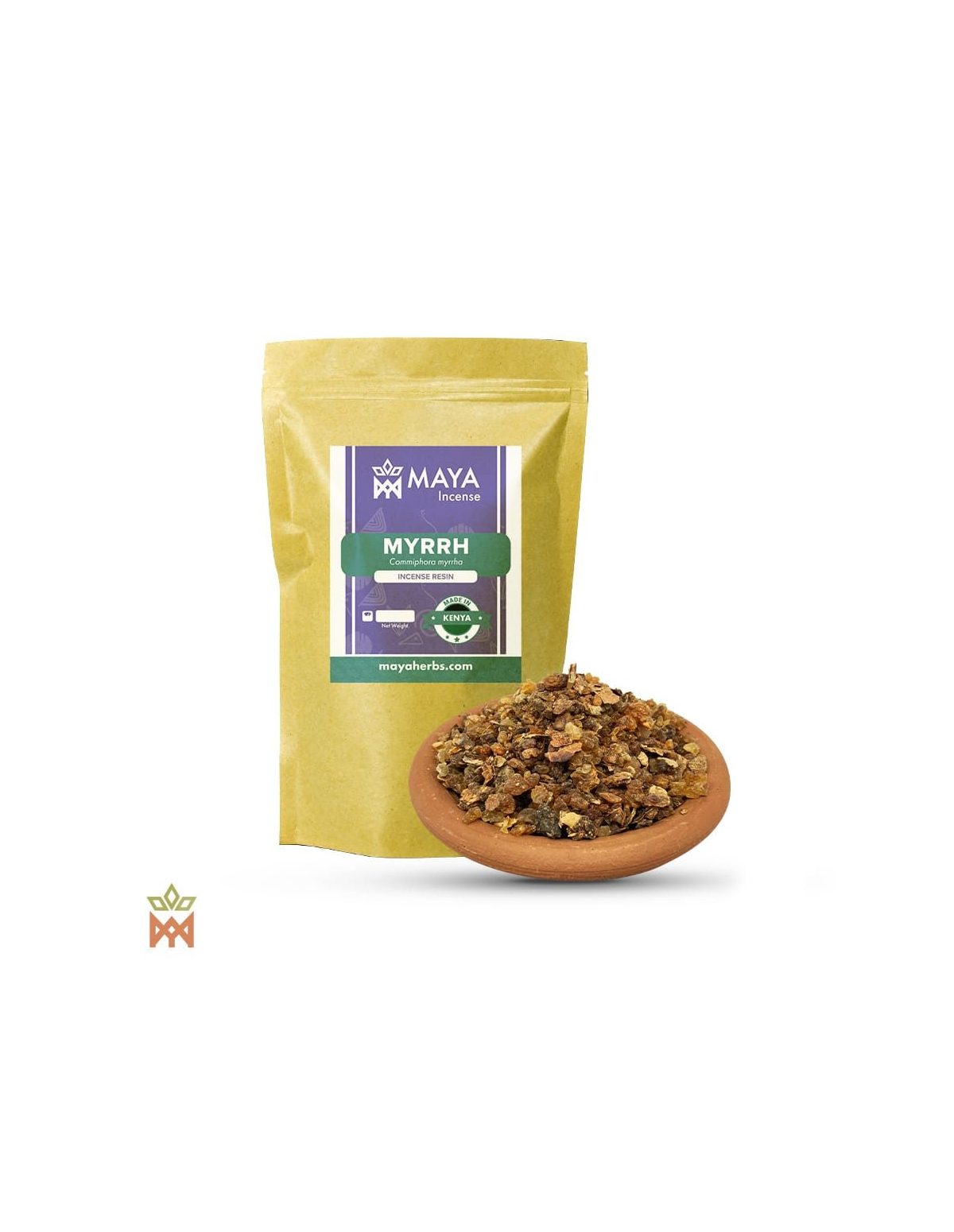 Myrrhe aus Kenia – Beutel mit Etikett Myrrh, Made in Kenya, und Tonschale mit gebrochenen Harzstücken
