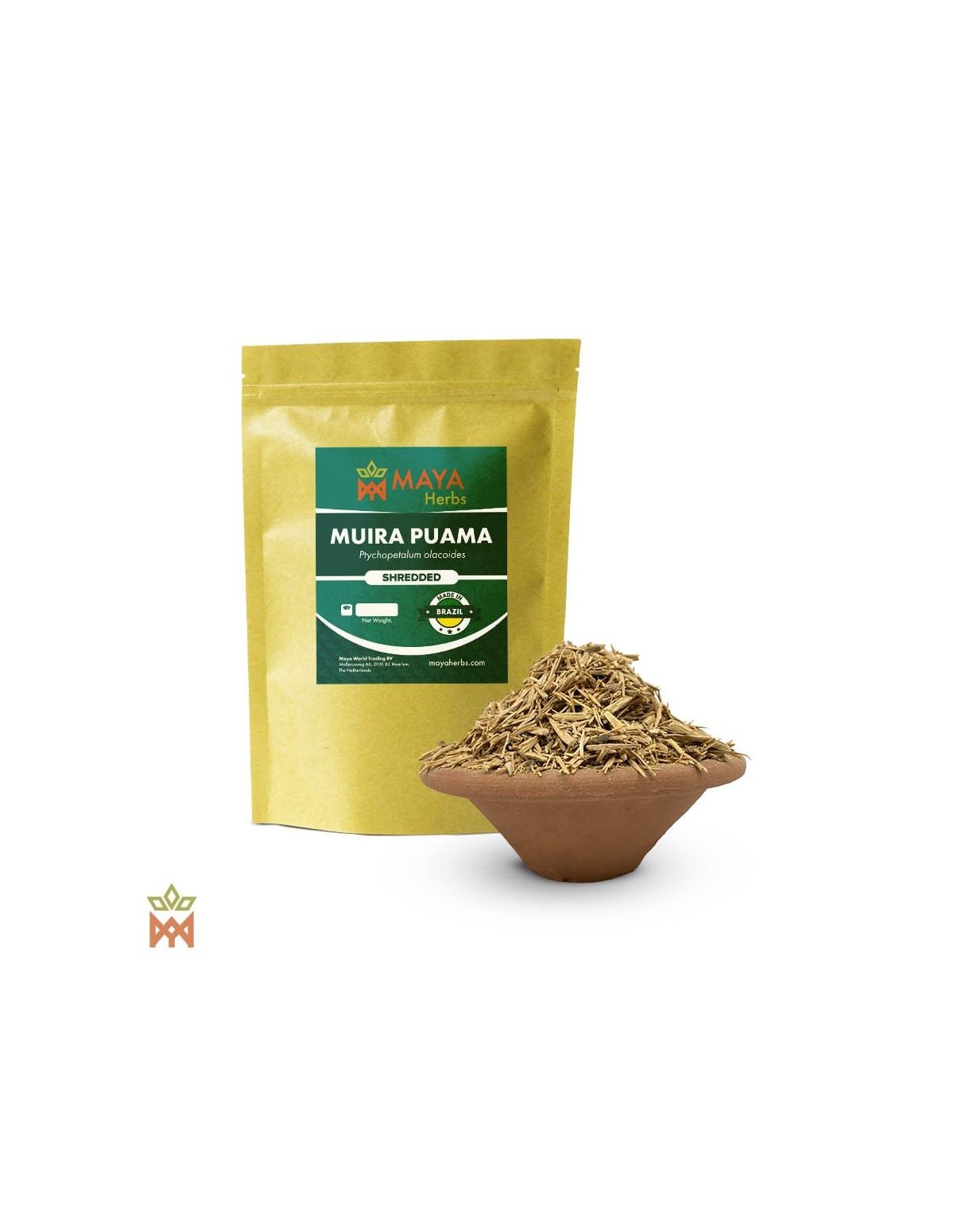 Geschredderte Muira-Puama-Wurzel aus Brasilien (Ptychopetalum olacoides) – Beutel von Maya Herbs und Wurzel in einer Tonschale