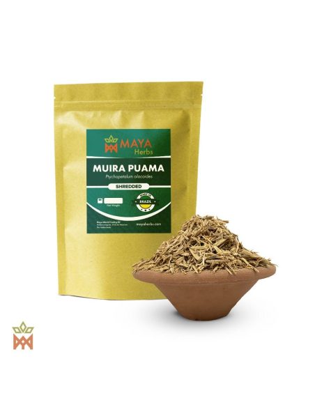 Geschredderte Muira-Puama-Wurzel aus Brasilien (Ptychopetalum olacoides) – Beutel von Maya Herbs und Wurzel in einer Tonschale