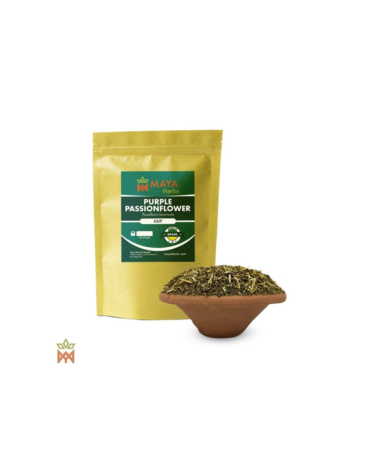 Passionsblume, feiner Krautschnitt (Passiflora incarnata) – Beutel von Maya Herbs und Kraut in einer Tonschale