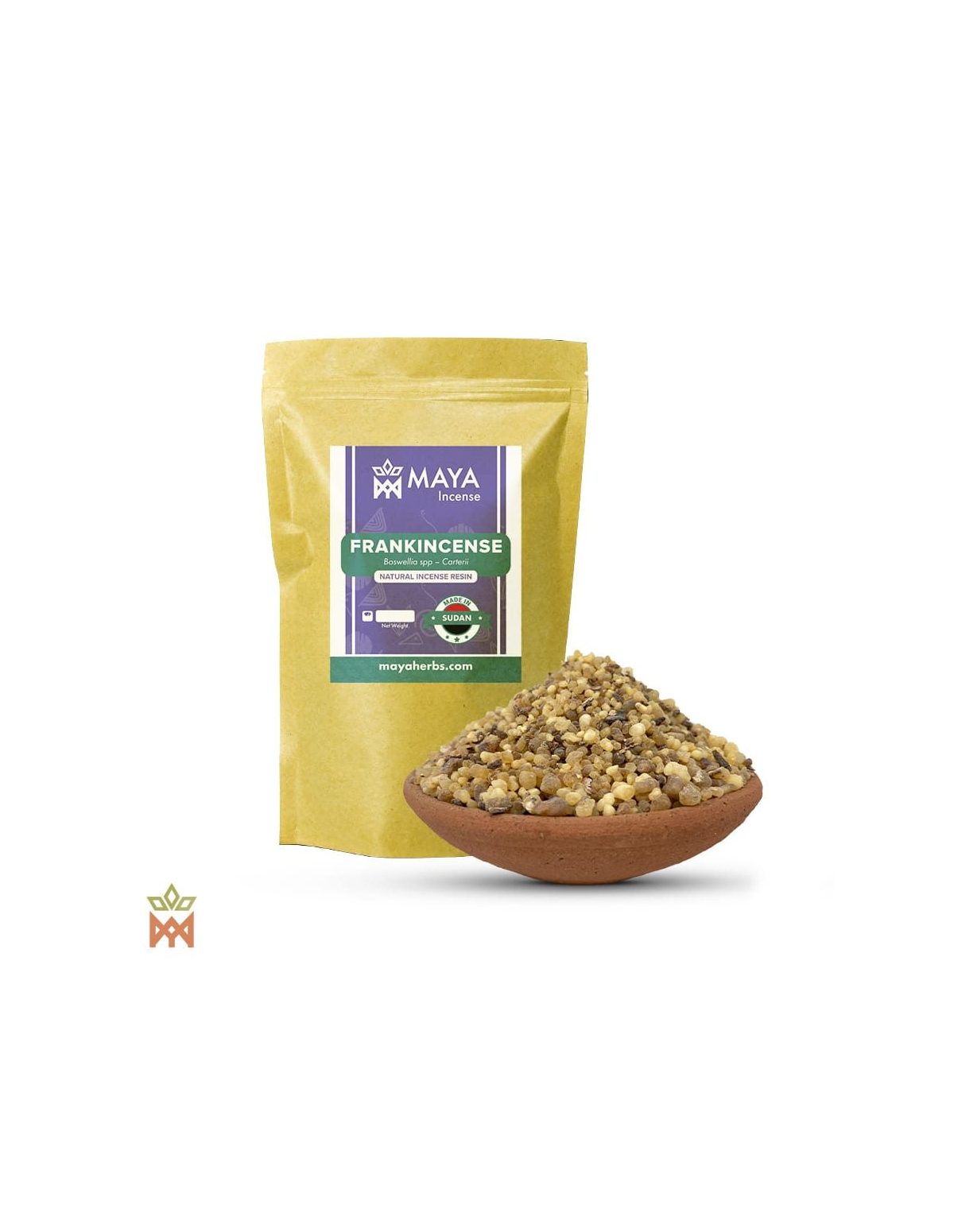 Boswelliaharz aus dem Sudan – Beutel mit Etikett Frankincense, Boswellia spp – Carterii, Made in Sudan, und Tonschale mit Harz