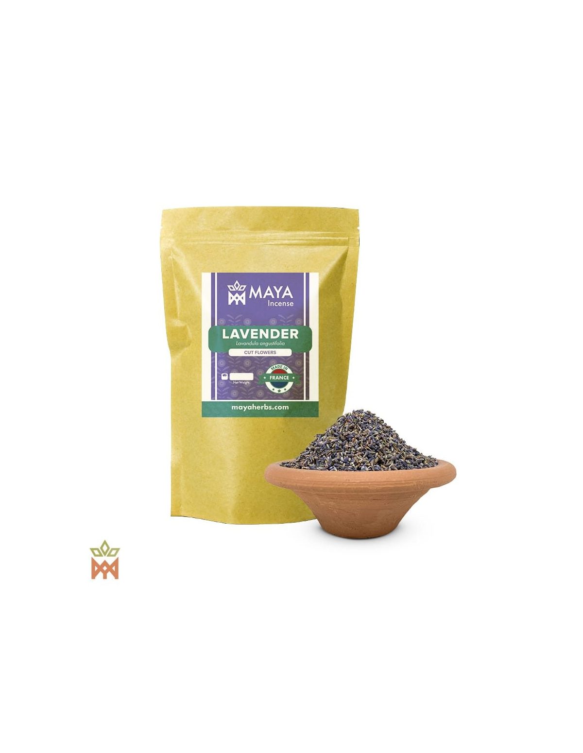 Getrocknete Lavendelblüten, Lavandula angustifolia, fein geschnitten – Maya-Incense-Beutel und Schale mit Knospen