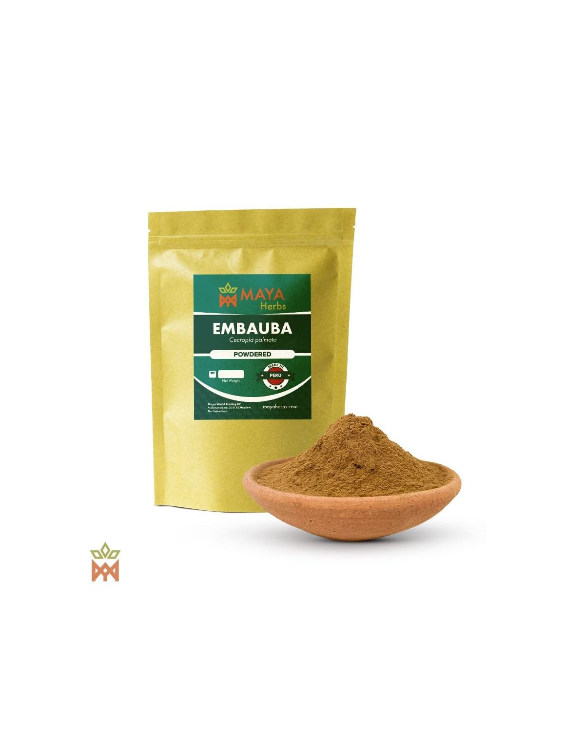 Peruanische Embauba – Blattpulver, Cecropia palmata – Beutel und Schale mit Blattpulver