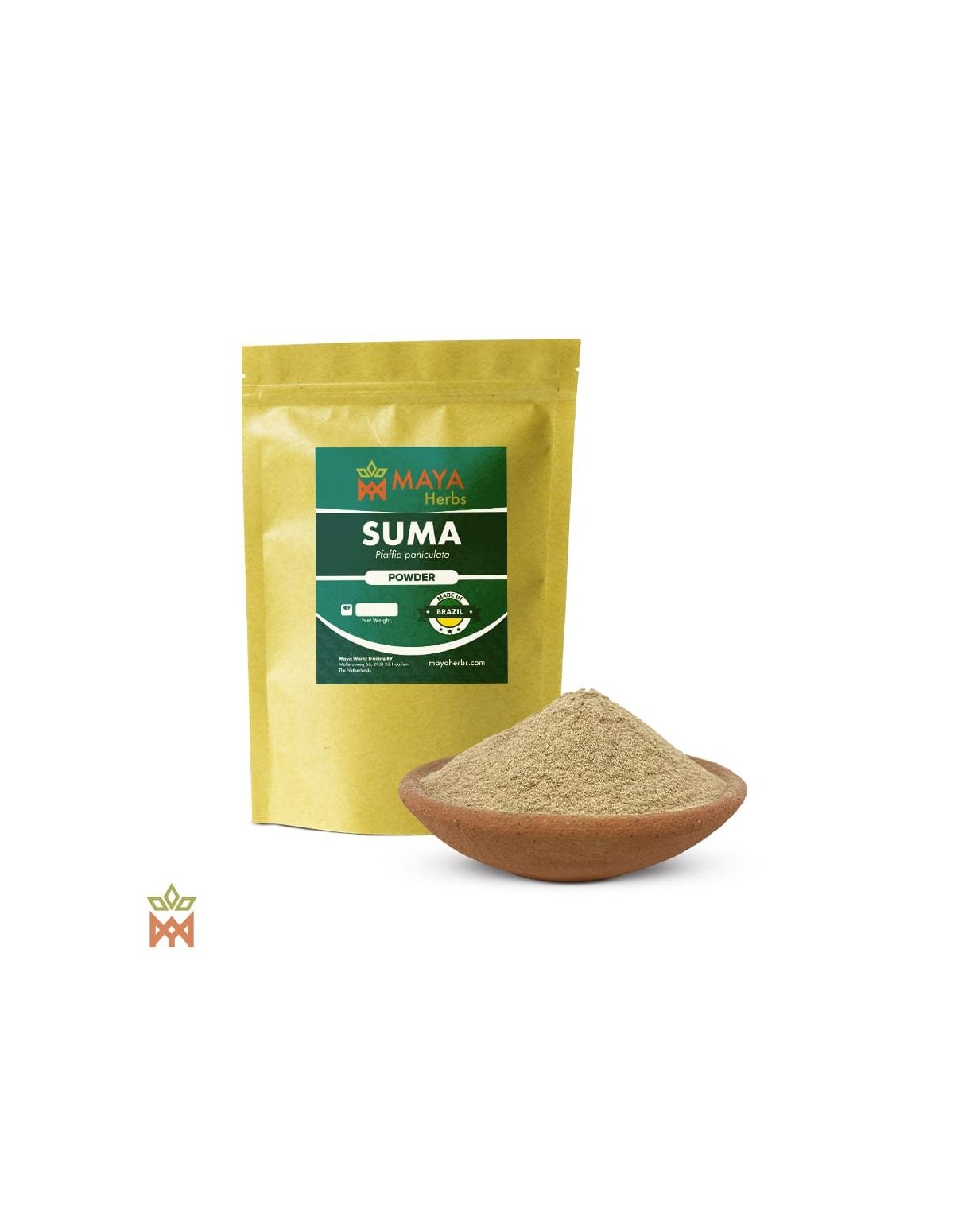 Suma-Pulver aus Brasilien – Beutel von Maya Herbs „Suma, Powder“ und Pulver in einer Tonschale