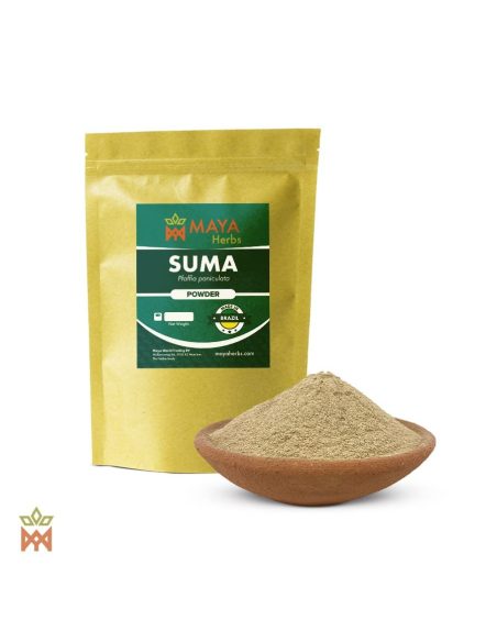 Suma-Pulver aus Brasilien – Beutel von Maya Herbs „Suma, Powder“ und Pulver in einer Tonschale
