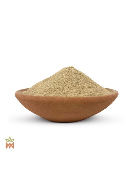 Suma-Pulver aus Brasilien – graubeiges Pulver in einer Tonschale, Seitenansicht