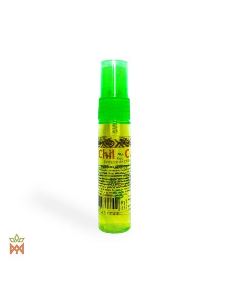 Mexikanischer Chilcuague – schlanke Flasche mit grüner Sprühkappe und spanischem Etikett